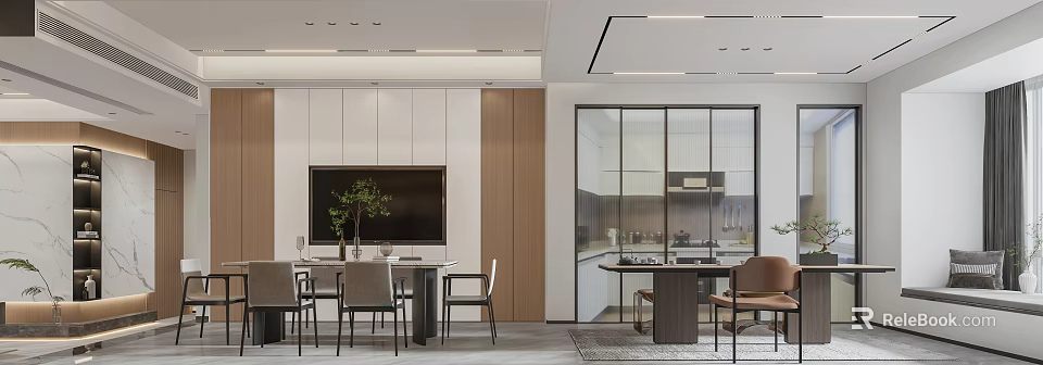 Modern Restaurant Interior With Open Layout Dining Table And Pendant Lights 3d model