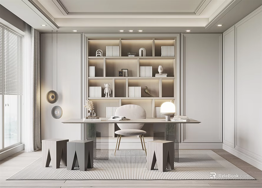 Modern Study Room Interior Design With Built in Bookshelves Desk Chair And Geometric Stools 3d model 