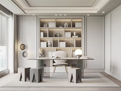 Modern Study Room Interior Design With Built in Bookshelves Desk Chair And Geometric Stools 3d model