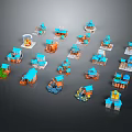Cartoon Scenes with Small Blue Orange Buildings Various Structures Arranged on Dark Background 3d model
