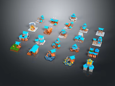 Cartoon Scenes with Small Blue Orange Buildings Various Structures Arranged on Dark Background 3d model