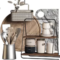 Stylish Kitchen Ornamental Decor Set With Coffee Machine Mugs Jars Wooden Shelf And Metal Utensils