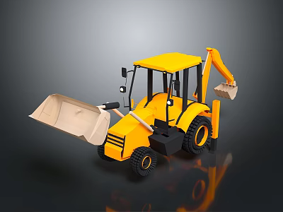 Yellow Backhoe Loader Construction Equipment With Front Loader Bucket Excavator Arm And Black Tires 3d model