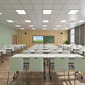 School Classroom with Blue Walls White Desks Green Chairs Blackboard Projector and Wooden Floors