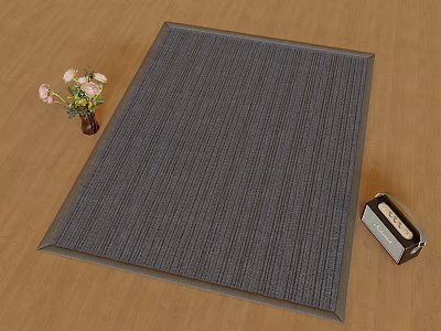 Square Gray Striped Rug On Wooden Floor With Vase And Small Radio 3d model