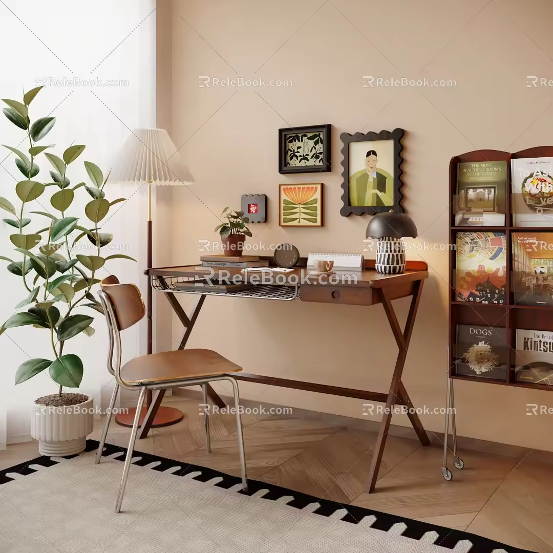Quiet Ancient Style Desk and Chair Combination Storage Cabinet Table Lamp Floor Lamp Hanging Picture Combination Ornaments Combination Floor 3d model
