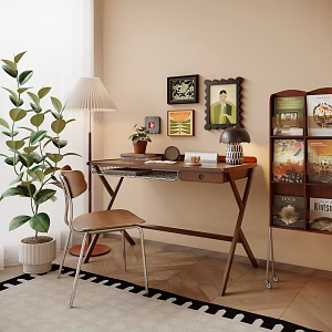 Quiet Ancient Style Desk and Chair Combination Storage Cabinet Table Lamp Floor Lamp Hanging Picture Combination Ornaments Combination Floor 3d model