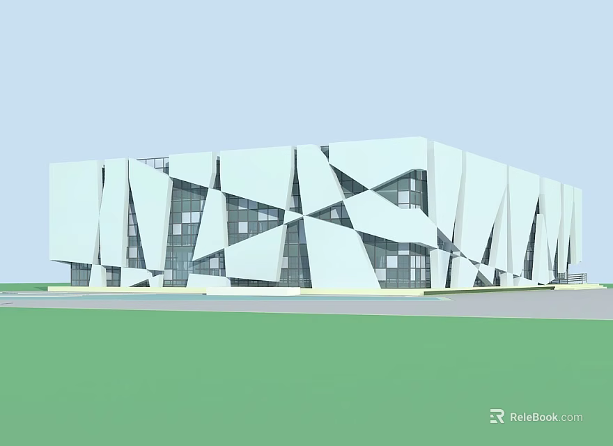 Modern Architectural Structure With Irregular Geometric Facade And White Exterior Glass Windows 3d model 
