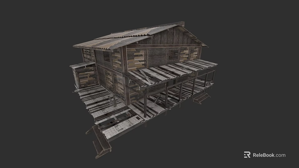 Rustic Weathered Wooden Detached House With Old Roof Wooden Platforms And Steps 3d model 