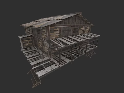 Rustic Weathered Wooden Detached House With Old Roof Wooden Platforms And Steps 3d model