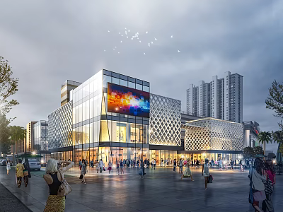 Modern Commercial Street With Glass Curtain Wall Large LED Screen Pedestrians High Rise Background 3d model