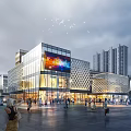 Modern Commercial Street With Glass Curtain Wall Large LED Screen Pedestrians High Rise Background