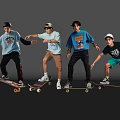 Four Men Skateboarding With Dynamic Poses In Casual Outfits Against Gray Background