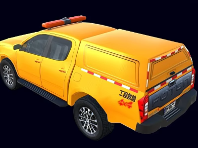Yellow Engineering Rescue Pickup Truck With Red Warning Light And Reflective Strips 3d model