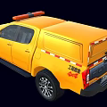 Yellow Engineering Rescue Pickup Truck With Red Warning Light And Reflective Strips