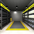 Auto 4S Shop Interior With Tires Car Supplies Yellow Warning Stripes Black Grille Ceiling Lighting