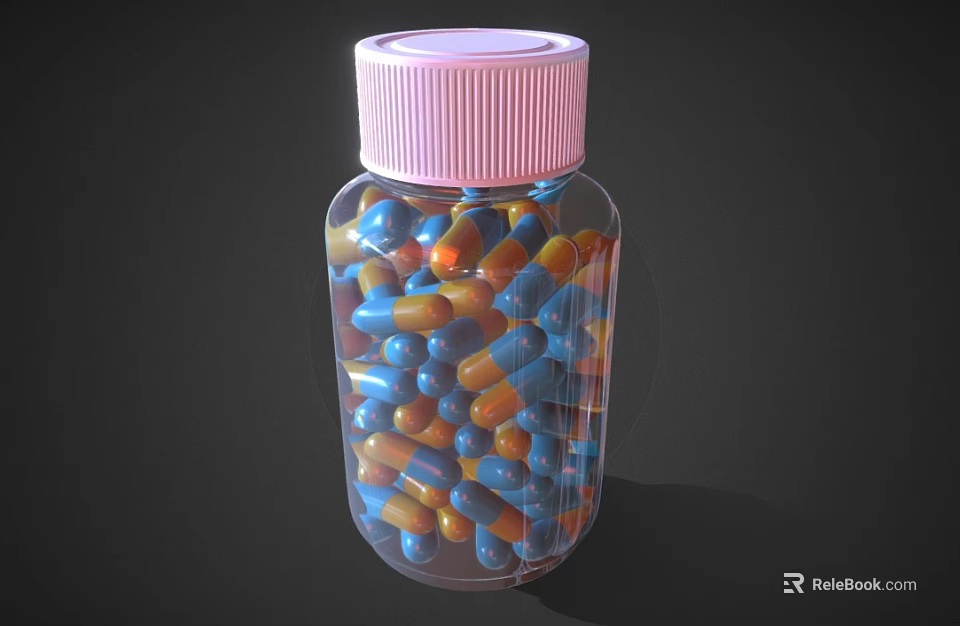 Transparent Plastic Bottle With Pink Cap Holding Blue And Orange Capsules For Daily Use 3d model 