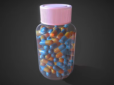Transparent Plastic Bottle With Pink Cap Holding Blue And Orange Capsules For Daily Use 3d model