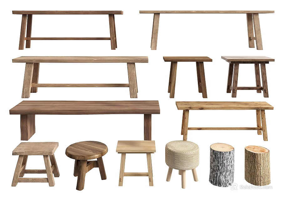 Wooden Stools and Benches with Various Designs Different Shapes and Natural Wood Tones 3d model 