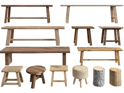 Wooden Stools and Benches with Various Designs Different Shapes and Natural Wood Tones 3d model