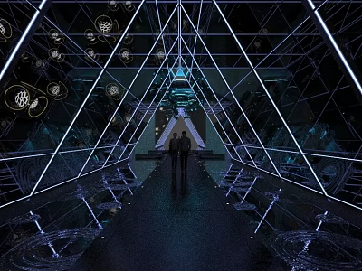 Elevator Aisle With Modern Geometric Metal Frames Glass Elements Circular Lights Dark Floor Human Silhouettes 3d model