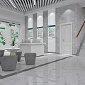Modern Digital Store Interior With Front Desk Staircase Green Plants And Marble Floor