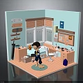 Child playing in a cozy colorful bedroom with desk toys books window rug and decorations