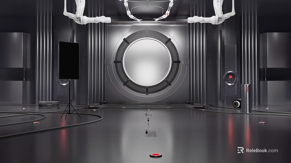 Futuristic Tech Display Room With Metallic Walls Circular Portal Robotic Arms And Black Screen 3d model 