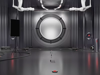 Futuristic Tech Display Room With Metallic Walls Circular Portal Robotic Arms And Black Screen 3d model