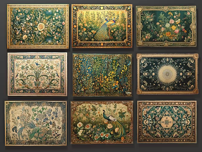 Decorative Square Rugs Featuring Floral Peacock and Geometric Patterns in Colorful Designs 3d model