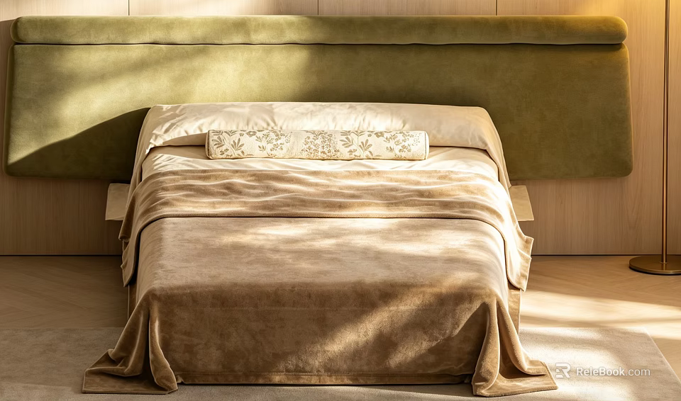 Modern Double Bed With Beige Velvet Bedding Green Upholstered Headboard And Wooden Wall Sunlight 3d model 