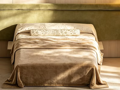 Modern Double Bed With Beige Velvet Bedding Green Upholstered Headboard And Wooden Wall Sunlight 3d model