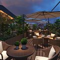 Outdoor Restaurant Terrace with Umbrellas Tables Chairs Green Plants Stone Path Lighting and Sunset Sky