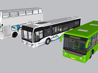 Different Types of Buses Including Double Decker and Single Decker in White and Green 3d model