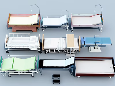 Different Types of Medical Beds with Adjustable Features and Various Materials 3d model