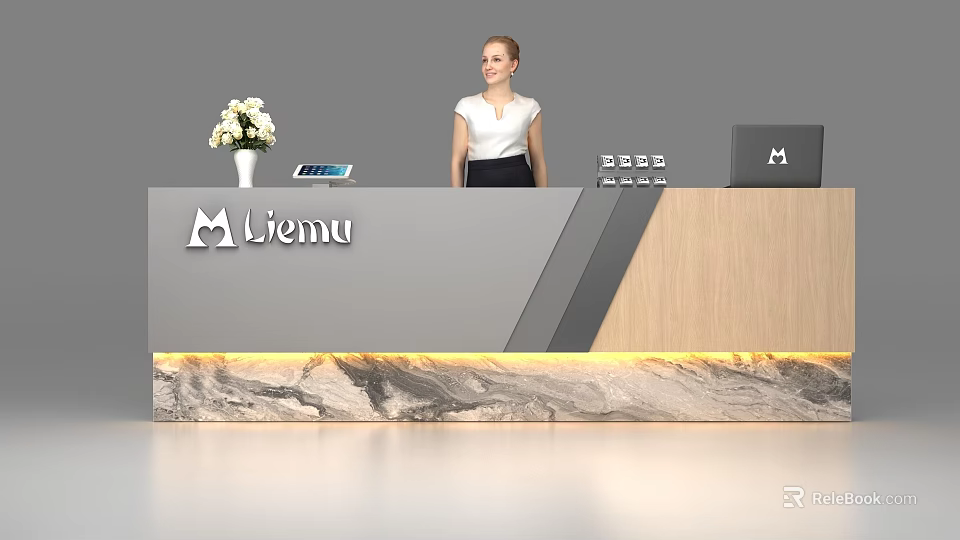 Modern Liemu Reception Desk Featuring White Flower Vase Tablet And LED Strip Lighting 3d model 