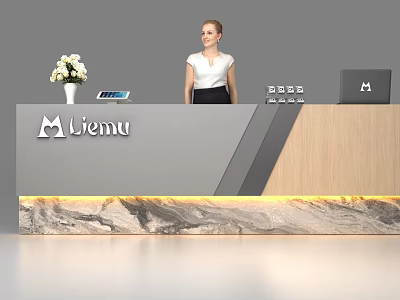 Modern Liemu Reception Desk Featuring White Flower Vase Tablet And LED Strip Lighting 3d model
