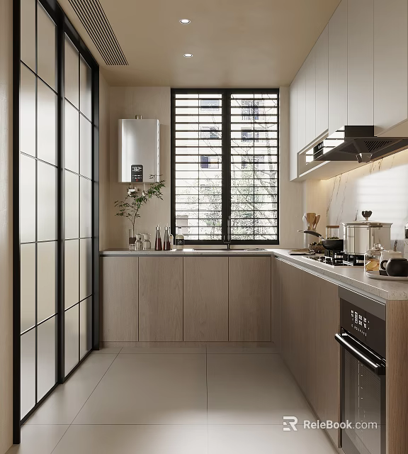 Modern Kitchen Interior With Light Wood Cabinets Shutter Window And Countertop Appliances 3d model 