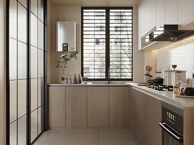 Modern Kitchen Interior With Light Wood Cabinets Shutter Window And Countertop Appliances 3d model