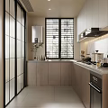 Modern Kitchen Interior With Light Wood Cabinets Shutter Window And Countertop Appliances