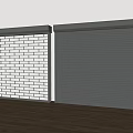 Brick Pattern And Gray Roller Shutters Against White Wall And Wooden Floor