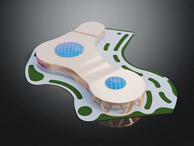 Modern Commercial Complex With Circular Blue Pools Green Landscaped Areas And Flowing Curved Design 3d model