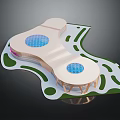 Modern Commercial Complex With Circular Blue Pools Green Landscaped Areas And Flowing Curved Design