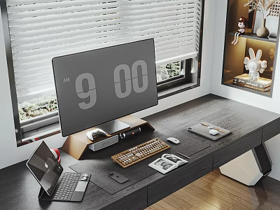 Modern Computer Workspace With Large Monitor Laptop Keyboard And Mouse On Desk 3d model