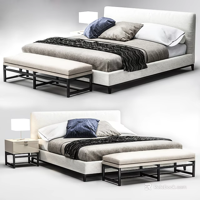 Modern Double Bed Interior With Bench Nightstand Pillows And Blanket 3d model