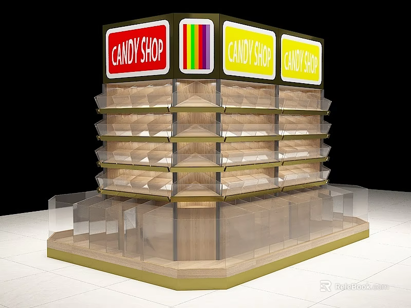 Candy Shop Display Shelves With Multi Tiered Structure And Vibrant Top Signage 3d model