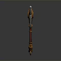 Ornate Double Bladed Axe With Golden Decorative Accents Red Wrapped Handle And Silver Blades
