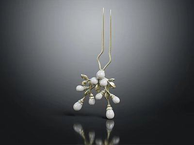 Elegant Golden Hairpin Jewelry Featuring White Beads And Delicate Floral Design 3d model