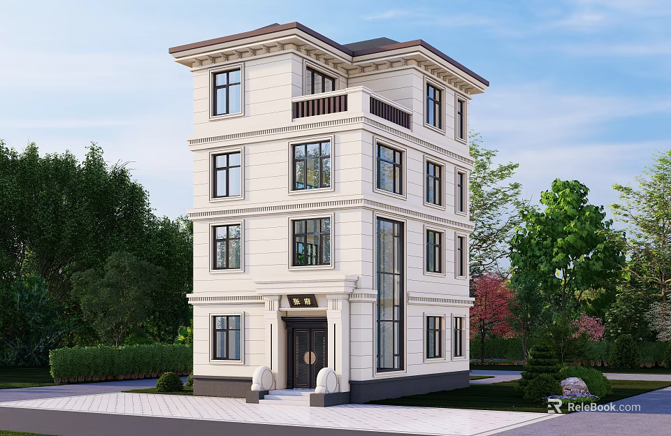 Classic Detached Villa Exterior With Multiple Floors Large Windows And Landscaped Garden 3d model 