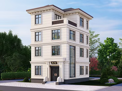 Classic Detached Villa Exterior With Multiple Floors Large Windows And Landscaped Garden 3d model